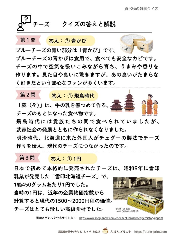 チーズクイズの答えと解説プリント見本