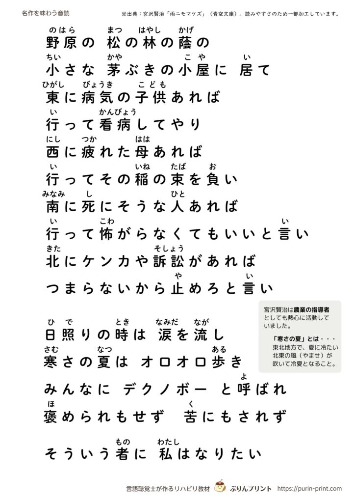 雨ニモマケズの音読プリント見本2ページ目