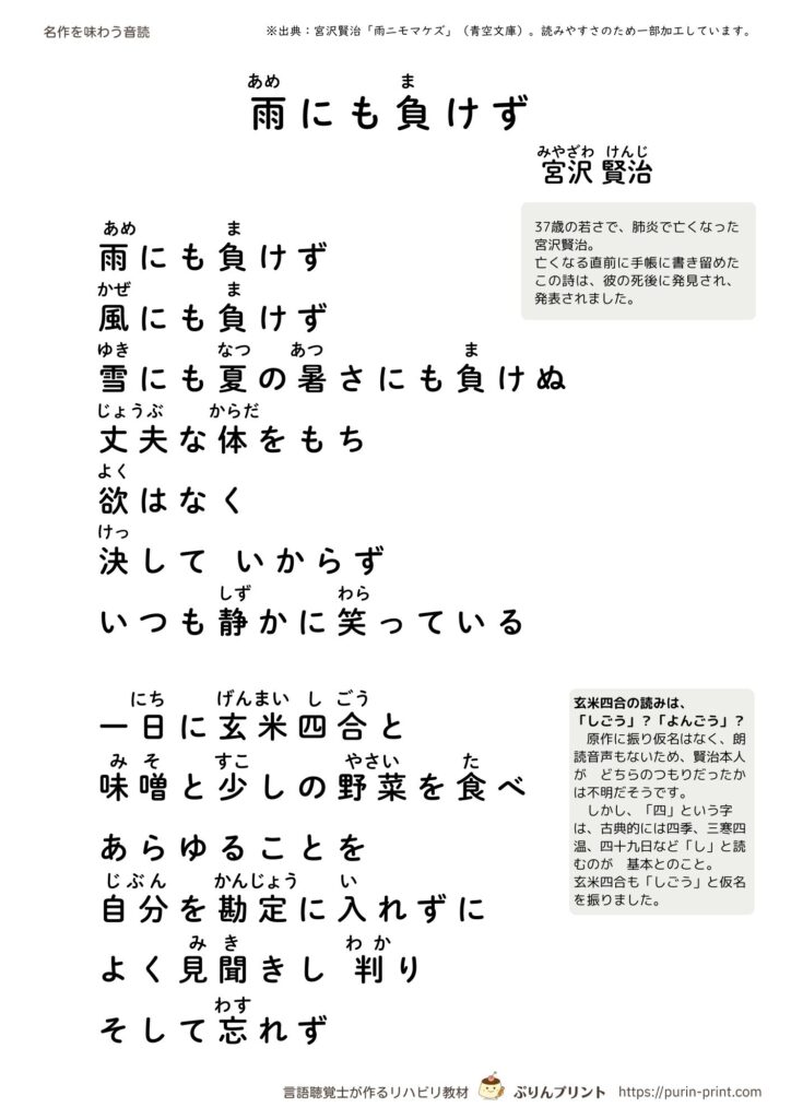 雨ニモマケズの音読プリント見本